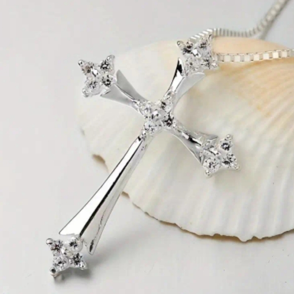 Silver Rhinestone Cross Pendant Necklace - Picture 1 of 3